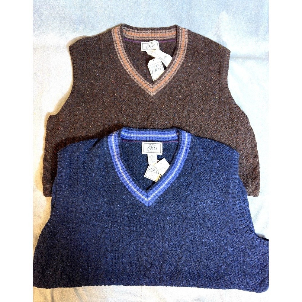 Jos Bank 1905 Men Wool Blend Cable Knit Vests Blue Brown Cricket Golf XXL NWT x2